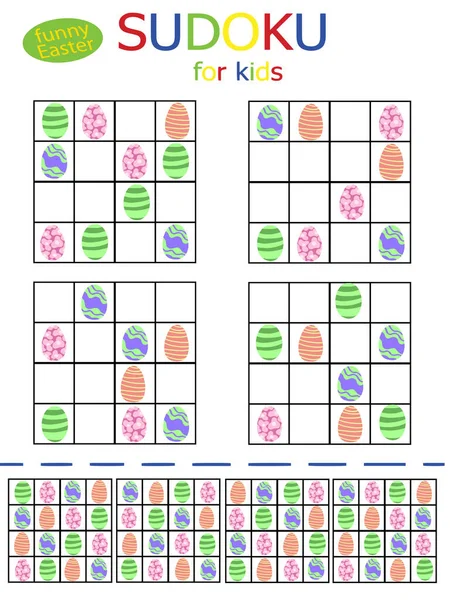 Komik renkli yumurtalarla basit, çocukça sudoku bulmacaların kutlu olsun. 4 parlak 4 'e 4 çocuk oyunu. Okuldaki ve anaokulundaki çocuklar için dikey vektör mantığı bilmeceleri. Dizilerden biri.. 