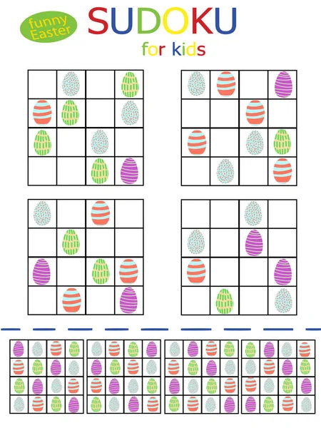 Çocuklar bahar sudoku seti. Çocuklar için 4 'e 4 sudoku logacal oyununda komik renkli yumurtalar. Bahar tatili için dikey basılabilir hisse senedi vektör çizimi. Mutlu Hıristiyanlar Paskalya Bahar Festivali