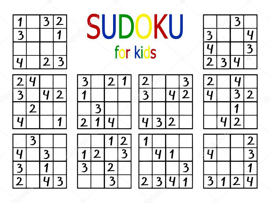  Simple sudoku set for beginners stock vector illustration. Four by four number sudoku game set horizontally printable worksheet. Colorful easy logical number puzzle for children. 