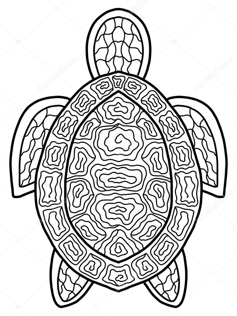 Stylized turtle coloring page for kids and adults. Simple black and white ornamental cartoon reptile turtle stock vector illustration. Decorative black isolated contour animal  simple ethic fauna.