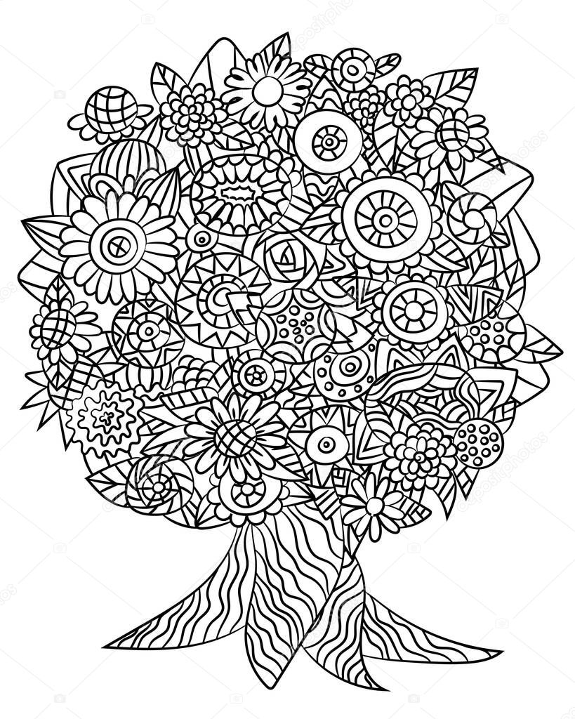 Tree with flowers on the crown coloring page for kids and adults. Fantasy blooming tree with different flowers and textured roots. Antistress spring and summer ornamentla detailed illustration.