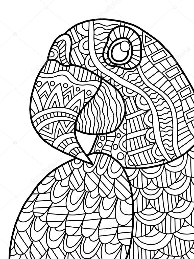 Blue macaw portrait coloring page for kids and adults. Tropical exotic cartoon parrot stock vector illustration. Funny detailed zentangle bird black outline on white background. One of a series.