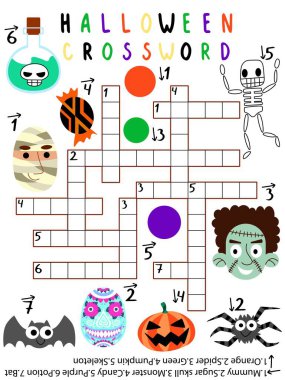  Cevap vektörü olan çocuklar için Cadılar Bayramı bulmacası. İskelet, balkabağı, örümcek, yarasa, iksir, şeker, canavar, şeker kafatası, mumya, yeşil, turuncu ve mor