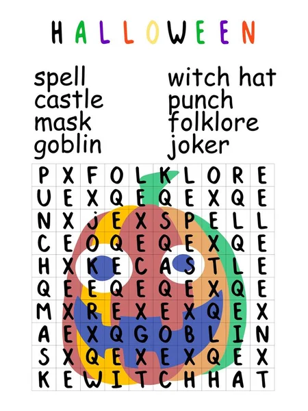 Puzzle Búsqueda Palabras Halloween Con Calabaza Para Niños Ilustración Vector — Archivo Imágenes Vectoriales