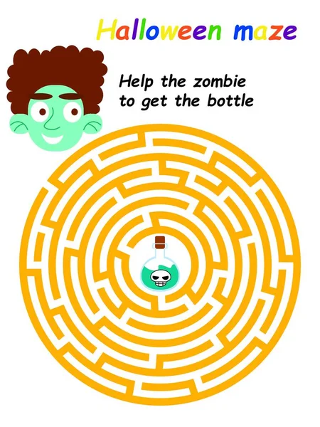 Hjælp Zombie Flasken Halloween Labyrint Bestand Vektor Illustration Sjovt Pædagogisk – Stock-vektor