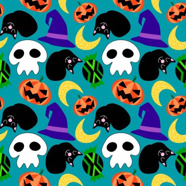 Cadılar bayramı için komik, büyülü, kusursuz bir çizgi film çizimi. Kara kediler, kafatasları, balkabakları, cadı şapkaları, ay ve şekerlerle dolu mutlu cadılar bayramı. Eğlenceli renkli çizgi film çocuksu desen.