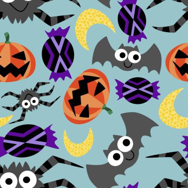  Funny halloween cartoon colorful vector seamless pattern. Happy halloween endless texture with bats, spiders, candies, moons and pumpkins.  clipart