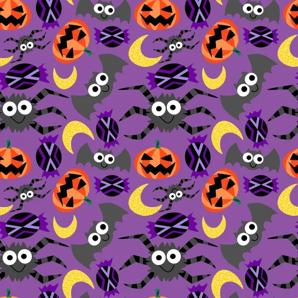 Divertidos Personajes Dibujos Animados Halloween Vector Patrón Sin Costuras Simple — Archivo Imágenes Vectoriales