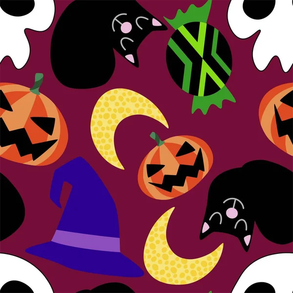 子供のハロウィンベクトルシームレスパターン 漫画黒猫 半分の月 刻まれたカボチャ 魔女の帽子 キャンディー ワインの色の頭蓋骨無限のテクスチャ — ストックベクタ