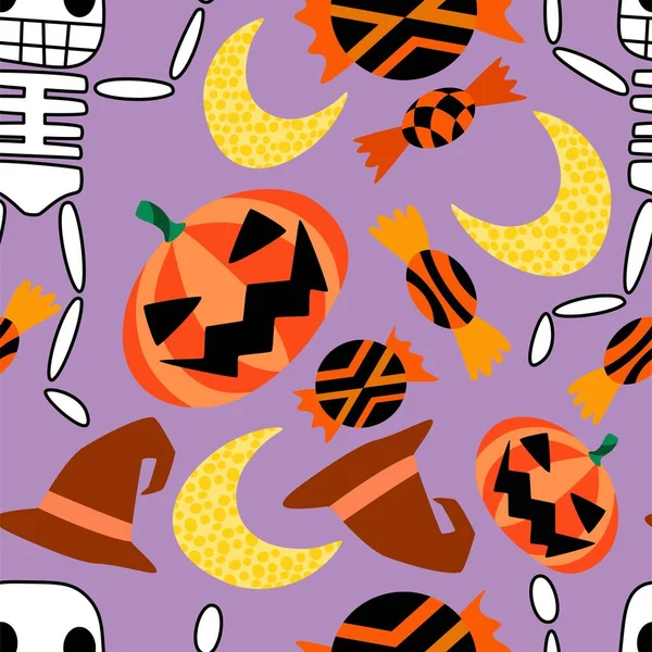 Feliz Halloween Vector Patrón Sin Costuras Con Esqueletos Sombreros Bruja — Archivo Imágenes Vectoriales