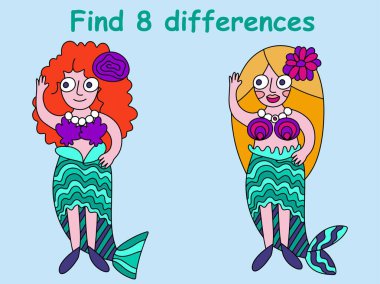  8 farklı denizkızı kız stocl vektör çizimi bul. Çizgi film karnavalı kostümlü deniz kızı gülümseyen ve el sallayan iki genç kız. Matbaa için komik eğitici çocuklar oyunu