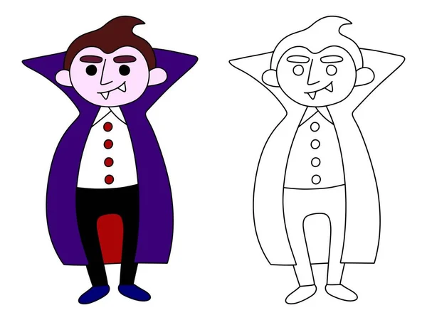  Komik vampir boyama sayfası vektör çizimi. Gülümseyen vampir çizgi filmi renkli ve renkli. Örnek olarak basit canavar boyama sayfası. Cadılar Bayramı ve Noel maskeli balosu.