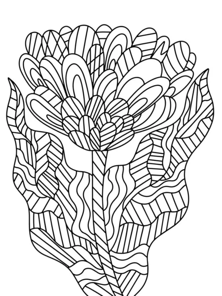 儿童和成人的奇形怪状花色图片说明 幻想中的花 有两片叶子 黑色轮廓孤立在白色上 用于印刷和着色 抗压不对称花 — 图库矢量图片
