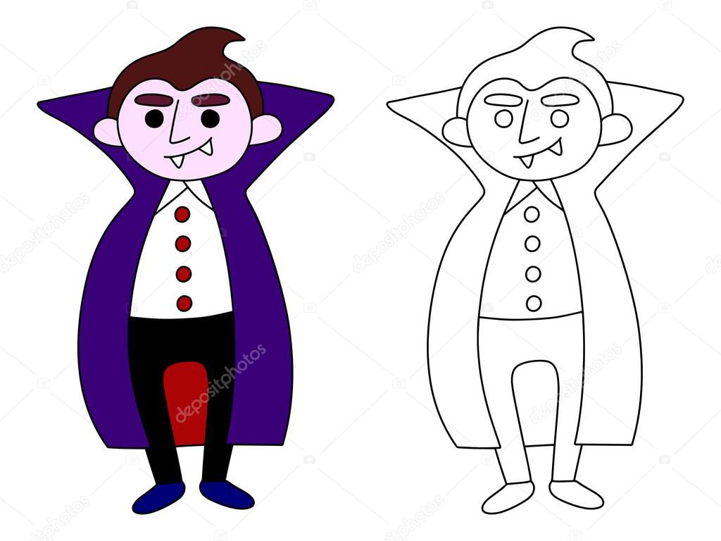  Funny vampire coloring page stock vector illustration. Smiling cartoon vampire colorful and coloring. Simple monster coloring page with example. Halloween and christmas masquerade costume party.