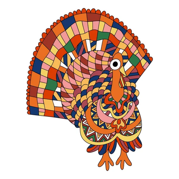 Funny Motley Colorful Ornamental Turkey Bird White Isolated Stock Vector — Stock Vector