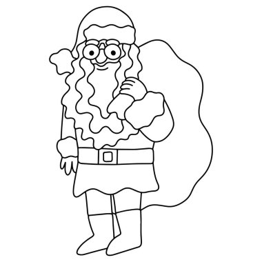 Hediye çantası boyama sayfası vektör illüstrasyonlu komik bir Noel Baba çizgi filmi. Çocuklar ve yetişkinler için basit bir kış tatili boyama sayfası. Tam uzunlukta siyah çizgili Noel Baba beyaza izole edilmiş..