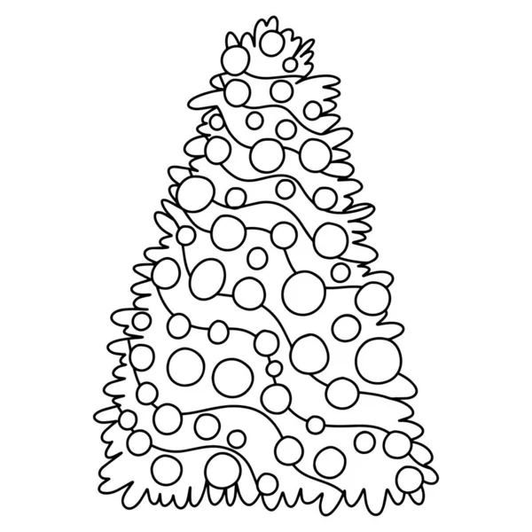 Amusant Décoré Arbre Noël Coloriage Page Pour Enfants Adultes Illustration — Image vectorielle