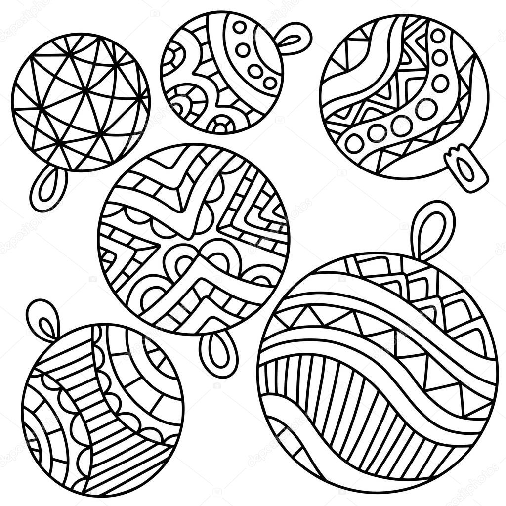  Funny christmas tree decor balls black and white stock vector illustration. Merry christmas and happy new year tree decoration coloring page for kids and adults. Ornamental half dozen tree balls decor