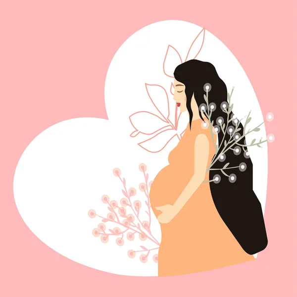 Chica Embarazada Sostiene Vientre Junto Las Flores Gráfico Vectorial — Vector de stock