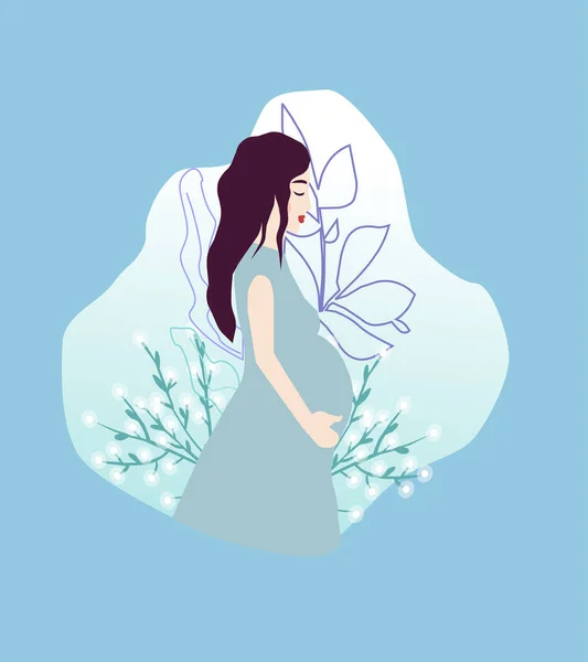 Έγκυος Κορίτσι Κρατά Την Κοιλιά Δίπλα Στα Λουλούδια Ένα Διάγραμμα — Διανυσματικό Αρχείο