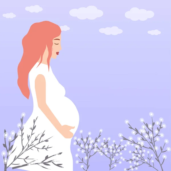 Hamile Kız Karnını Çiçeklerin Yanında Tutuyor Vektör Çizelgesi — Stok Vektör