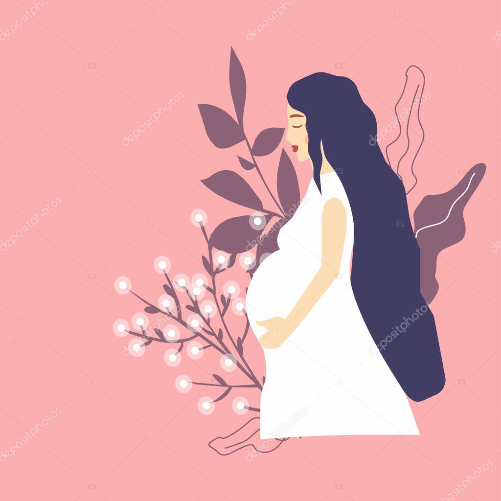 Pregnant girl holds belly next to flowers, a vector chart