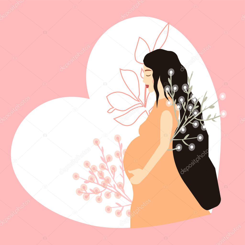 Pregnant girl holds belly next to flowers, a vector chart