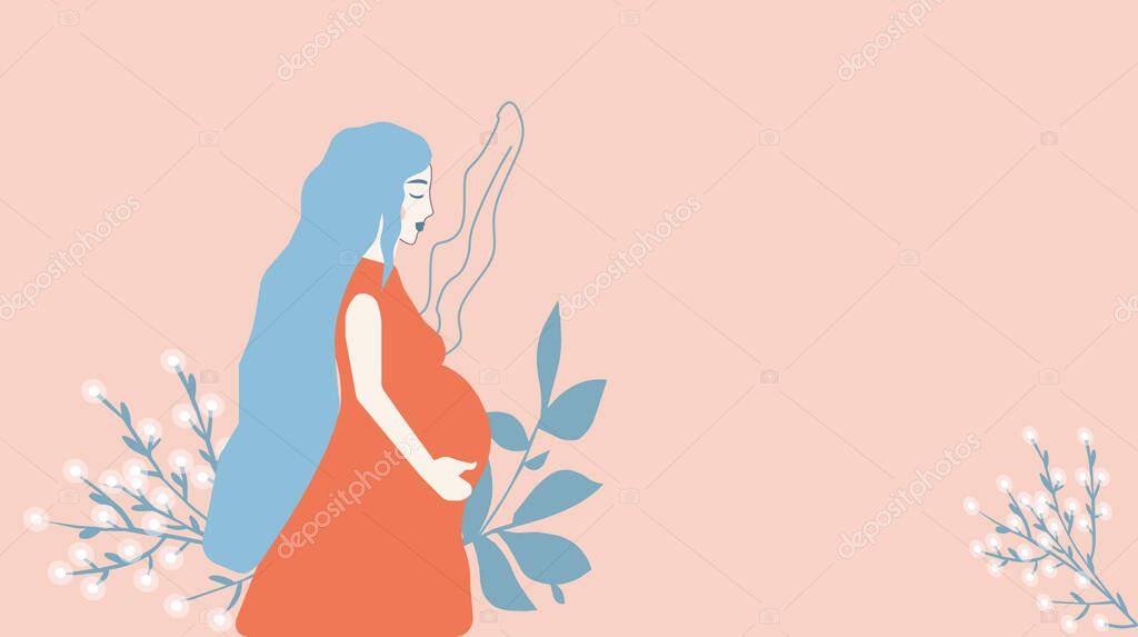 Pregnant girl holds belly next to flowers, a vector chart