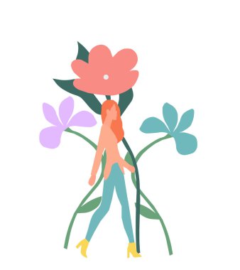 Çiçeklerin arka planında güzel bir genç kız, vektör grafikleri