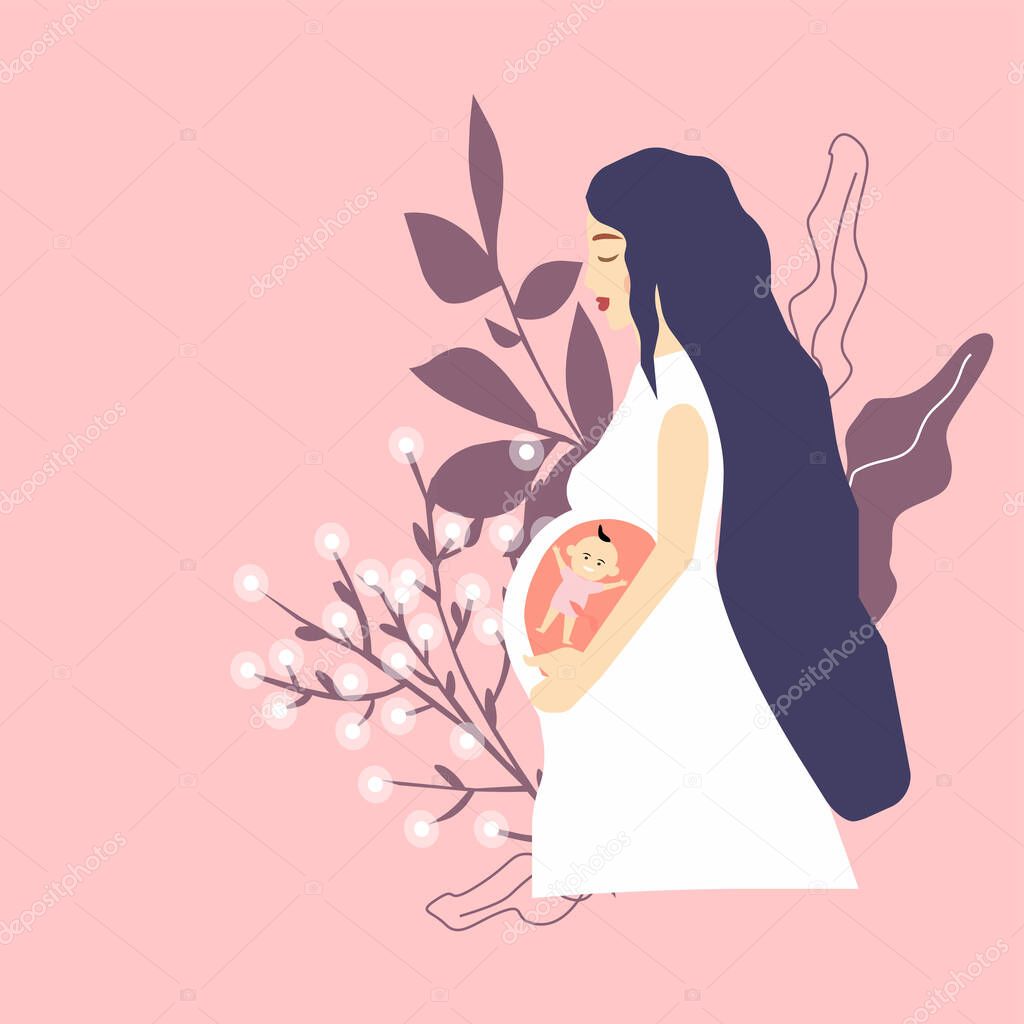 Pregnant girl holds belly next to flowers, a vector chart