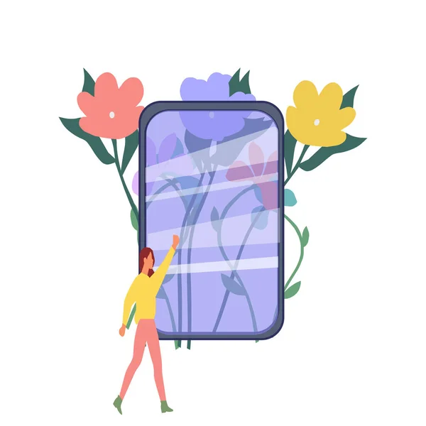 Telefoon Scherm Bloemen Jong Meisje Een Vector Graphics — Stockvector