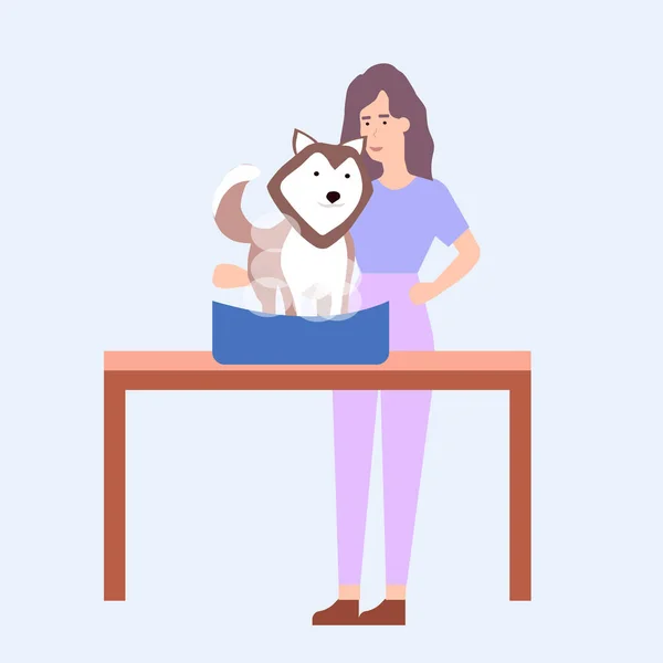 Gadis Mencuci Anjing Pada Backround Putih Grafik Vektor - Stok Vektor