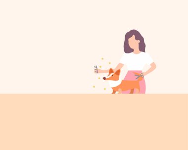 Kız, bir köpeği bej arka planda keser, vektör grafikleri