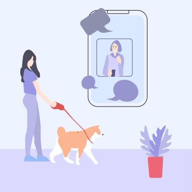 Kız köpek ve sohbetlerle yürüyor, vektör grafikleri.