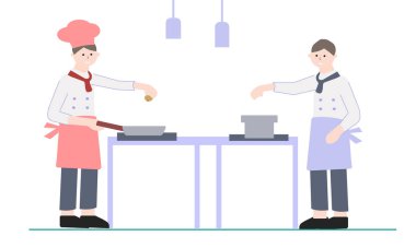 İki şef mutfakta bir yemek hazırlıyor, vektör grafikleri.