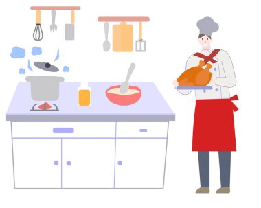 Şef tavuk tutuyor, beyaz arka planda, vektör grafikleri.