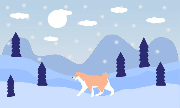 Winter forest, snowfall and dog, a vector chart