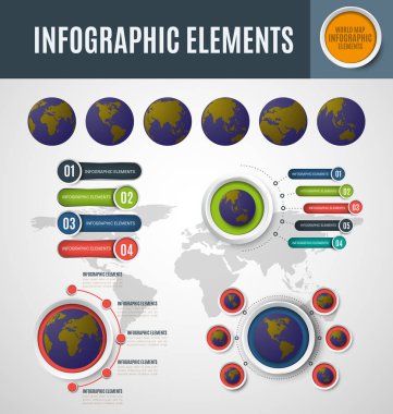 Infographics Dünya Haritası şablonu. Vektör çizim. İş akışı düzeni, diyagram, iş adım seçenekleri, banner, web tasarım için kullanılabilir.