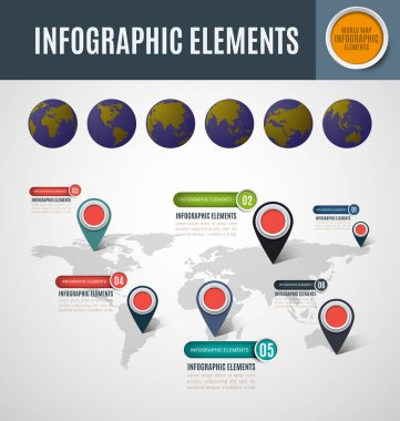 Infographics Dünya Haritası şablonu. Vektör çizim. İş akışı düzeni, diyagram, iş adım seçenekleri, banner, web tasarım için kullanılabilir.