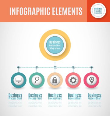 İş süreci grafik infographics 5 adım parçalarla. Dairesel kurumsal zaman çizelgesi Infographic öğeleri. Şirket sunum slayt şablonu. Modern vektör bilgi grafik düzeni tasarımı