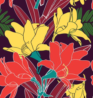 Tropikal bitki, orman yapraklarının deseni. Vektör çiçek desenli