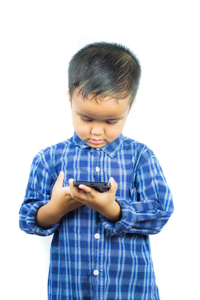 Niedliche Kleine Asiatische Junge Mit Modernen Smartphone Depressive Kind Von — Stockfoto