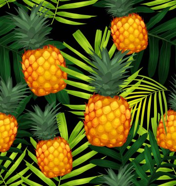 Ananas tropikal bitki arka plan üzerinde. Vektör seamless modeli.