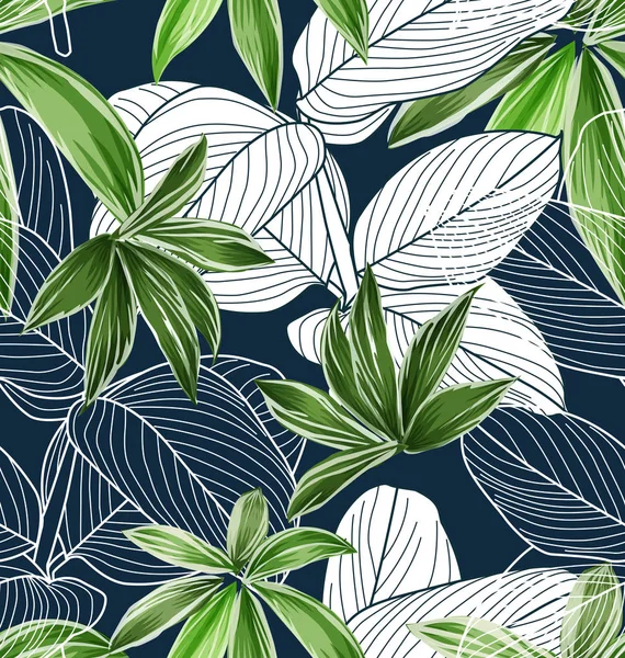 Ilustração Desenhada Mão Com Folhagem Plantas Tropicais —  Vetores de Stock