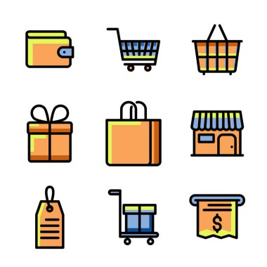 Alışveriş renk anahattı simgesi kümesi.