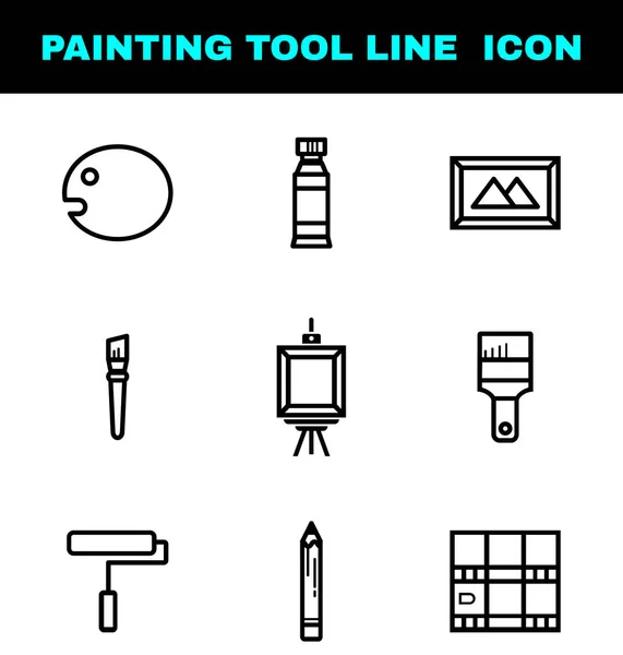 Set Painting Tool Line Icon Oil Color Frame Brush Pencil — Stock Vector