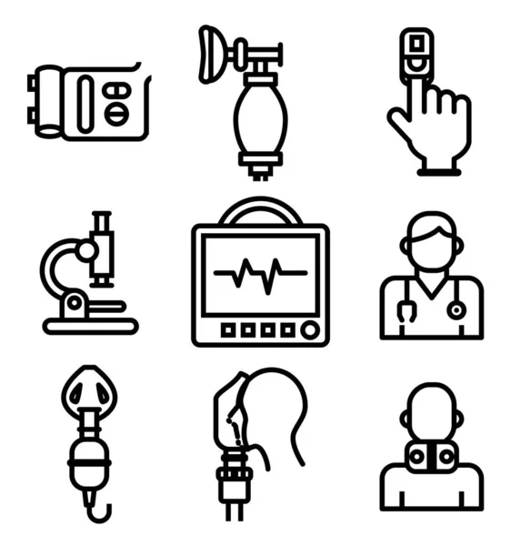 Rovné Čáry Ikony Pro Zdravotnické Pracovníky Lékařské Vybavení — Stockový vektor