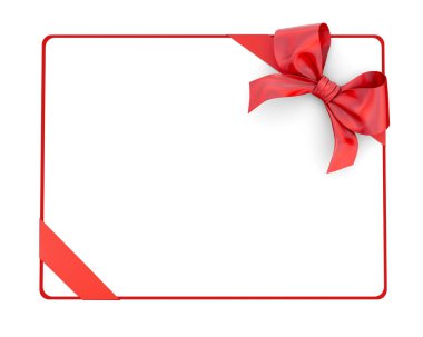 Beyaz kart ve kırmızı kurdele Noel 'de, Yeni Yıl' da beyaz arka planda 3D görüntüleme