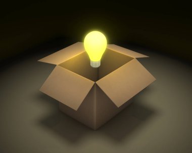 Arkaplanda ışık ampulü ve yansıması olan karton kutu açıldı, kutu kavramı 3d oluşturma dışında düşünerek