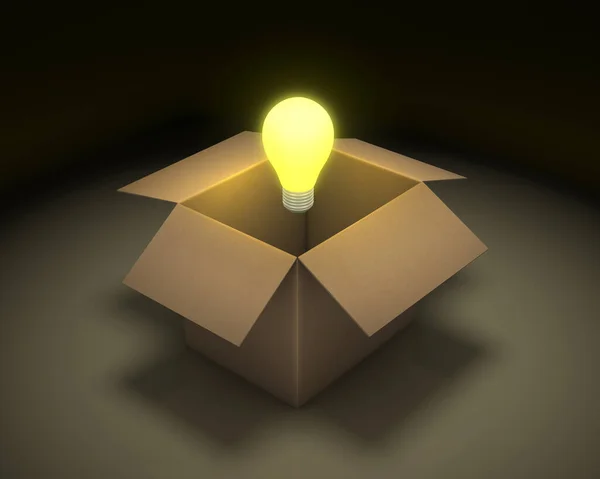 Boîte Carton Ouverte Avec Ampoule Allumée Arrière Plan Avec Réflexion — Photo